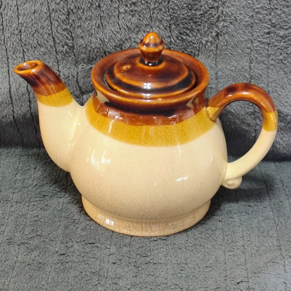 Vintage Tri-Color Glazed Stoneware Ceramic Teapot Brown Tan Rustic Farmhouse‎